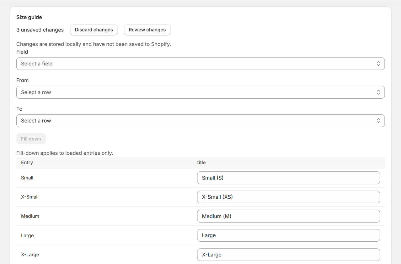 The Gridtiva grid inside the Shopify admin: one row per metaobject entry, one editable column per field, with fill-down controls above the table.