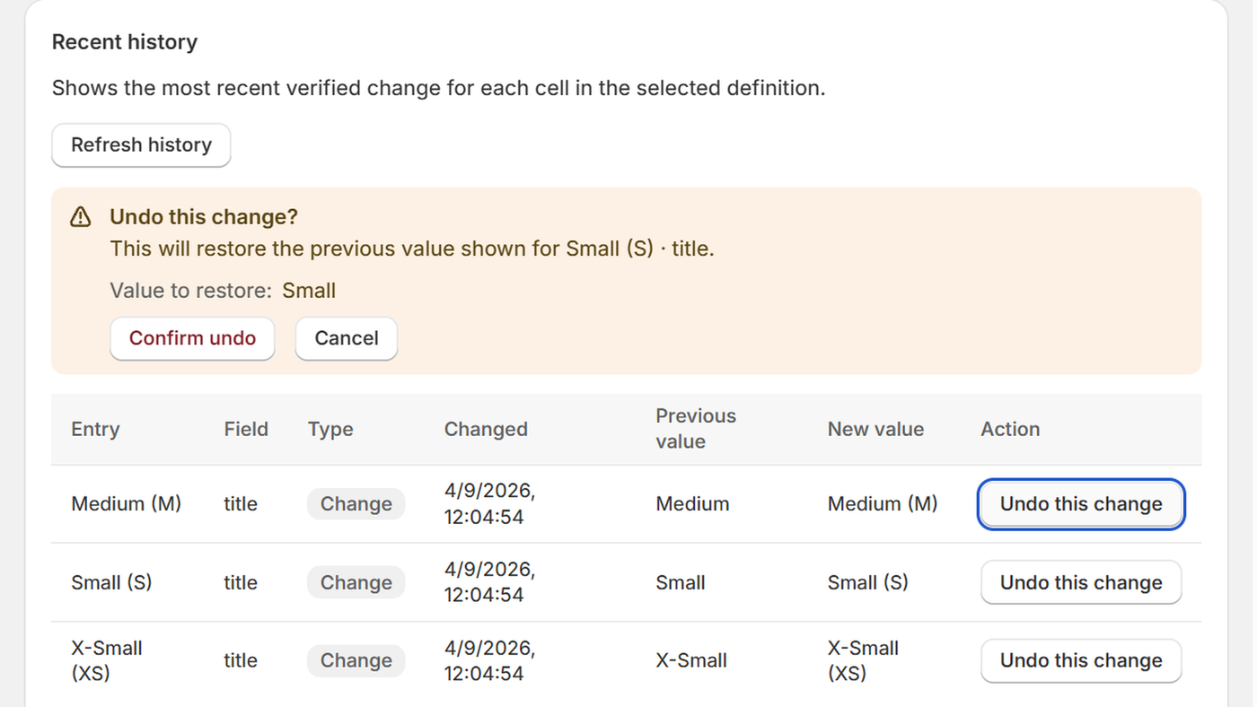 The Recent history panel listing confirmed changes with previous and new values, and an open confirmation asking whether to undo one change and naming the value it would restore.